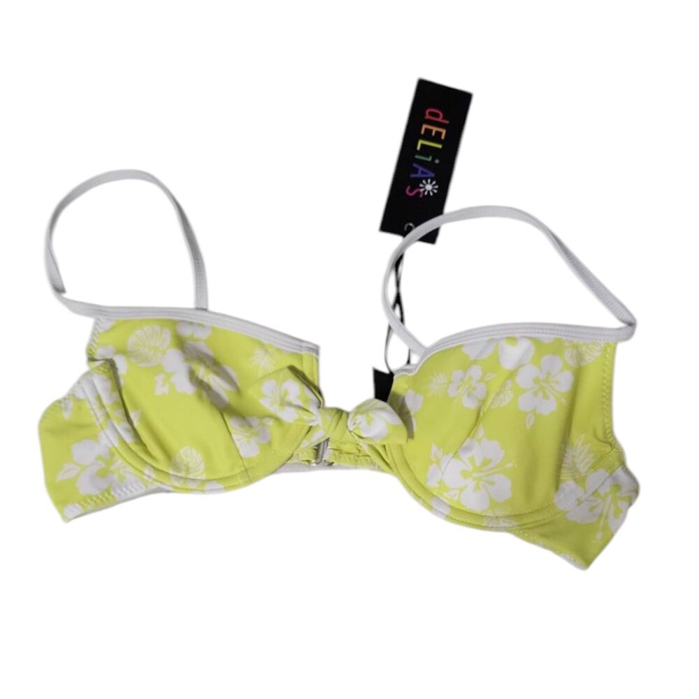 Delia's Lime Green Floral Bikini Top Underwire Knot Front Swim Size M NWT